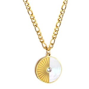 Mother of Pearl Zircon Pendant Necklace – Luxury 18K Gold Plated Stainless Steel | Figaro Chain - Gold, 18K Gold Plated